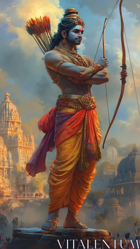 Noble archer prince standing tall above a golden temple city.