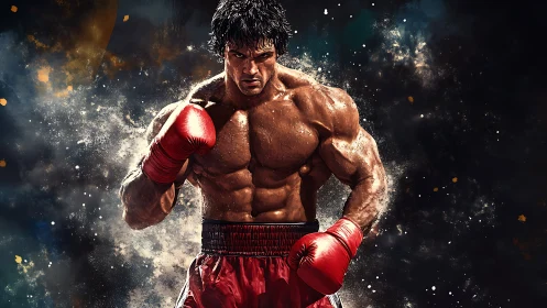 Professional Boxer in Combat Stance with Atmospheric Particle Dynamics.