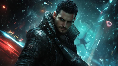 Brooding cyberpunk warrior stands defiant in neon storm