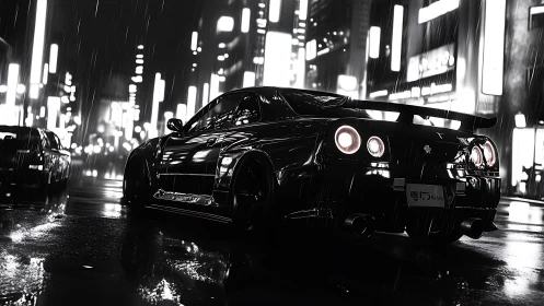 Midnight street racer gliding through neon city rainstorm.