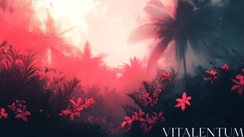 Tropical vegetation with red atmospheric lighting effect.