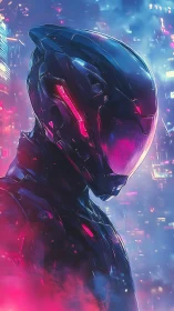Futuristic armored figure stands in neon lit urban environment
