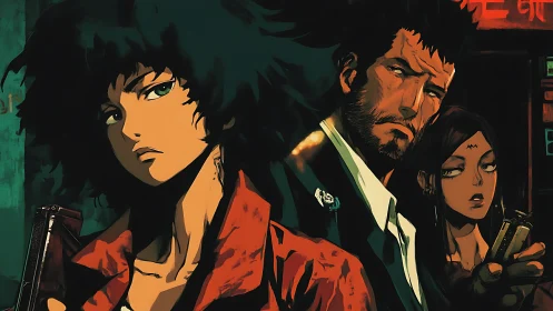 Three stylized figures stand in a dimly lit urban alleyway