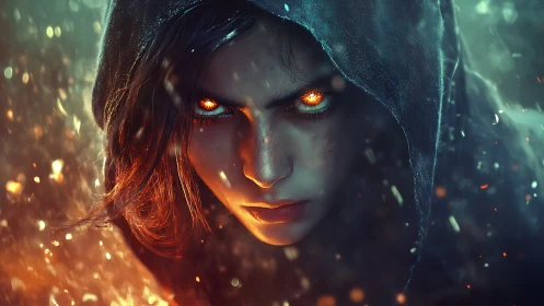 Fierce hooded sorcerer with burning eyes in swirling embers.