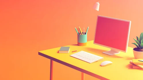Modern minimalist workspace with computer and vibrant colors.