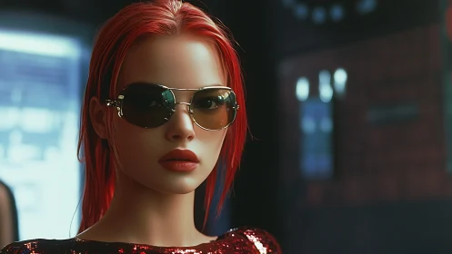Photorealistic neon portrait of red-haired woman in sunglasses.