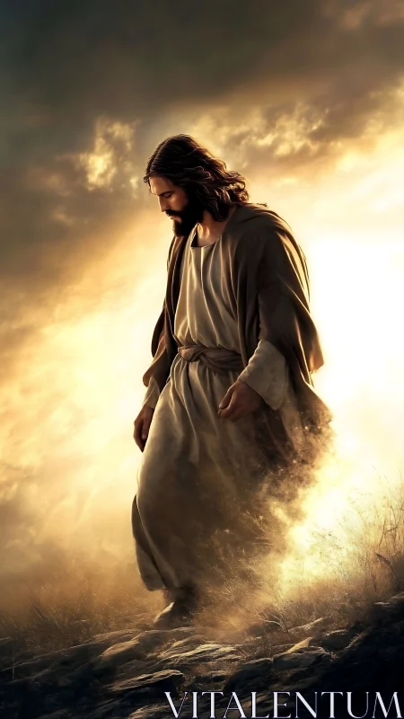 Solitary robed figure walking through radiant evening haze.