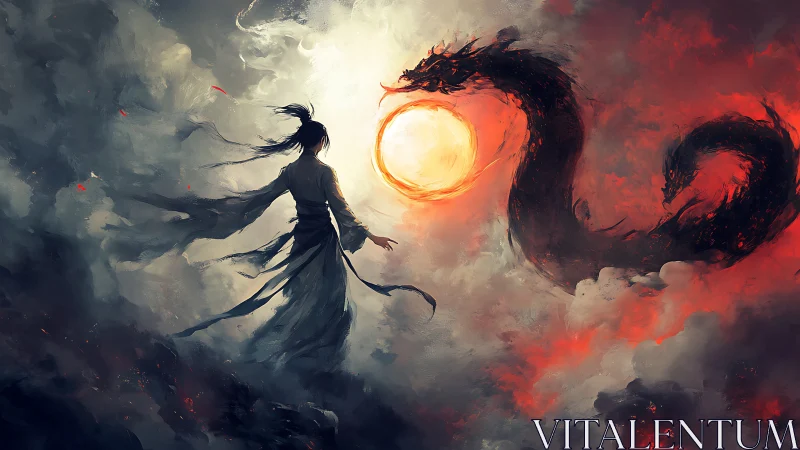 Robed figure confronting coiled dragon in fiery clouds.