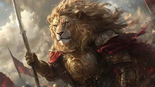 Lion warrior commander in ornate plate armor with spear poised