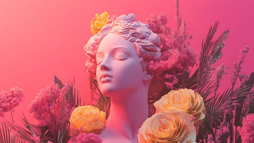 Neoclassical bust amid neon florals in radiant pink glow.
