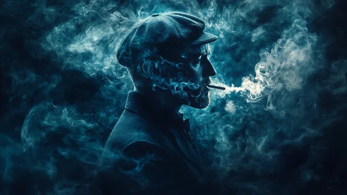 Smoky profile portrait shows man in cap exhaling cigarette