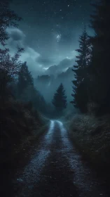 Moonlit Mountain Road Through Ancient Coniferous Forest at Night