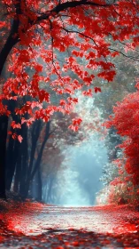 Tree-lined pathway with red foliage under diffused natural light