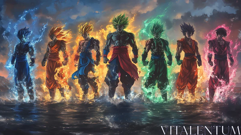 Seven glowing warriors stand over stormy water in dusk sky