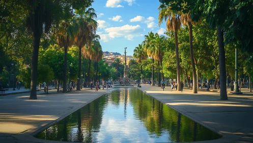 Palm-lined urban promenade mirrors sunset sky reflections.