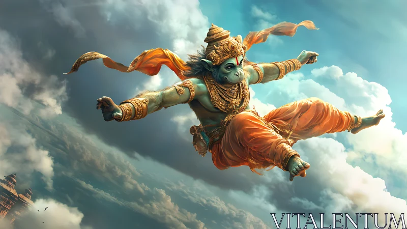 Skyborne monkey warrior streaking through mythic clouds.