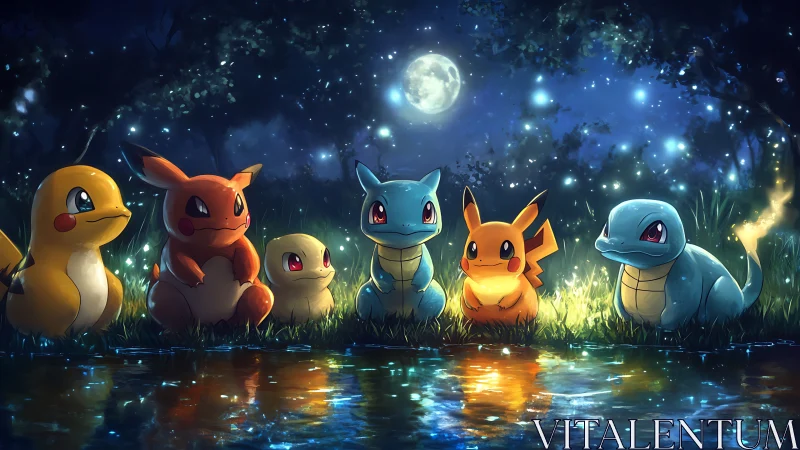 Cute elemental creatures share glowing moonlit riverside