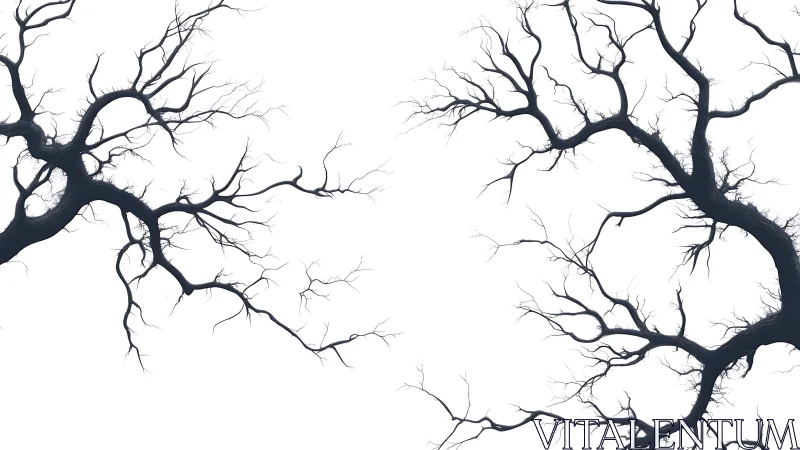 Winter-bare branches sketch eerie dialogue across white sky.