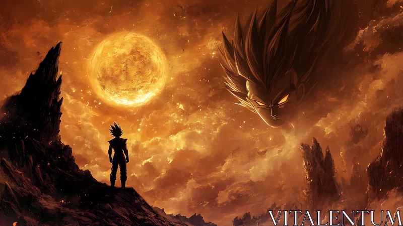 Solar storm warrior beneath the blazing cosmic omen.