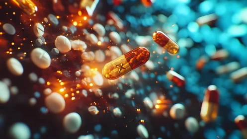 Surreal Floating Capsules and Tablets in Vivid Sci-Fi Style.