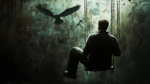 Solitary swing beneath a watchful black bird in flight.