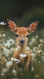 Juvenile whitetail fawn in shallow-depth daisy meadow portrait