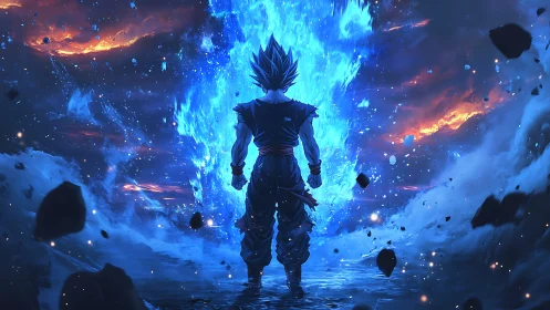 Blue energy warrior stands amid exploding cosmic storm