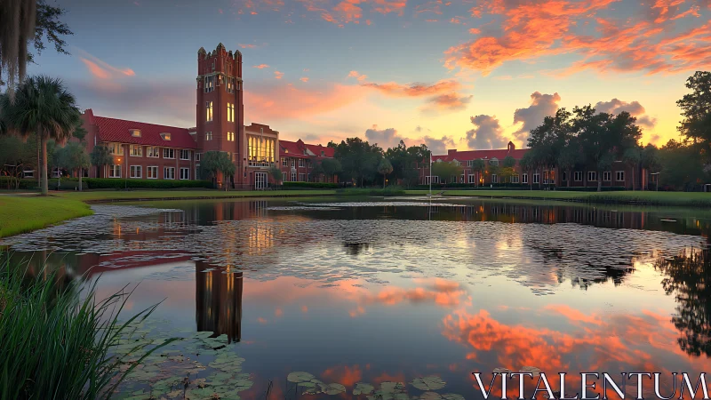 Sunset reflects over campus lake and historic brick tower.