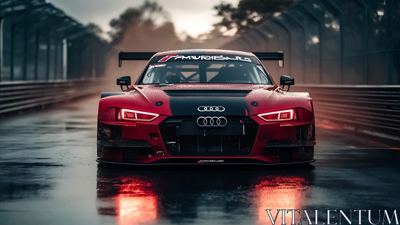 Audi race car waits on wet track in moody evening light.