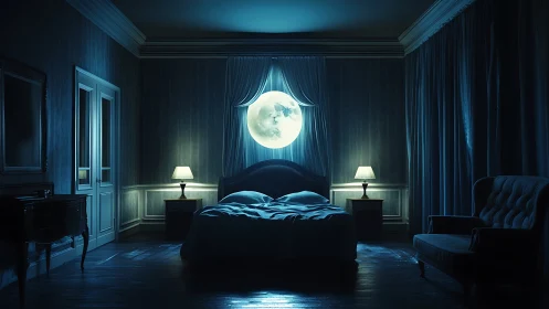 Moonlit bedchamber where midnight dreams quietly awaken.