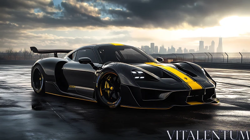 Black track hypercar with yellow stripe on wet rooftop.