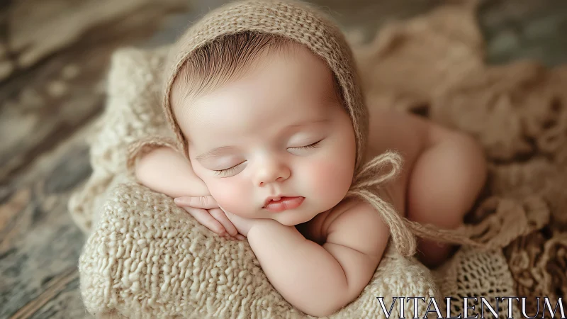 Sleeping newborn in natural tones, peaceful studio portrait.