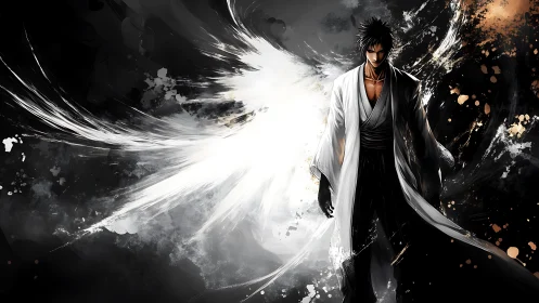 Brushstroke winds crown the warrior in monochrome light