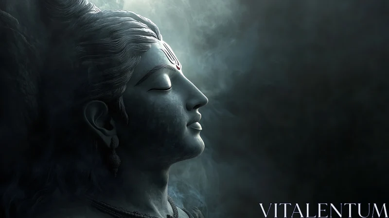 Stone deity profile emerges through smoky diffused light.