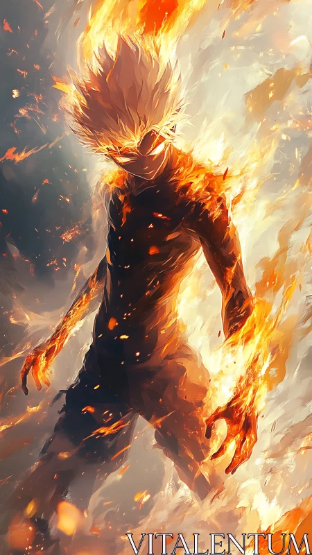 Blazing fire hero strides forward wrapped in living flames
