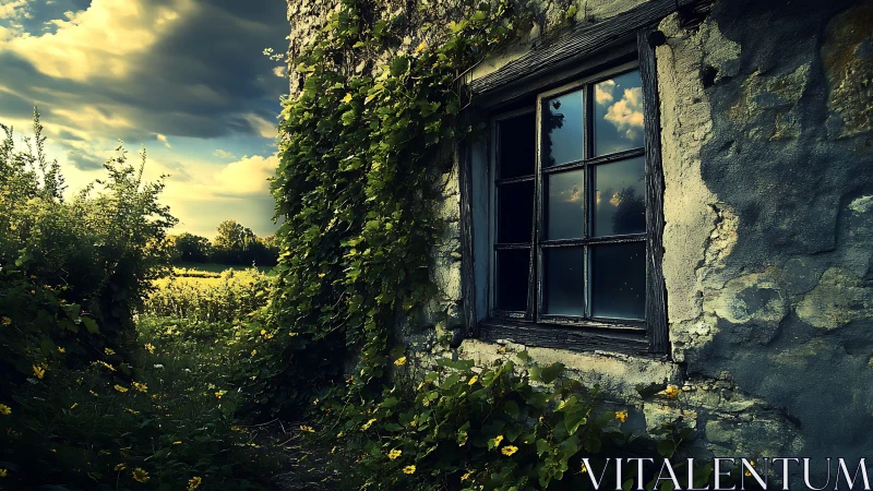 Weathered stone wall with ivy-covered window faces field edge
