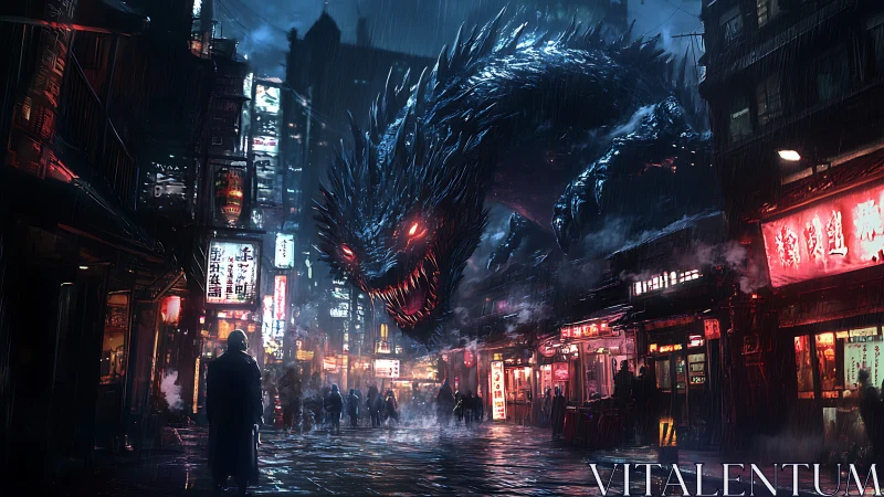 Giant black monster looms over neon city street at night
