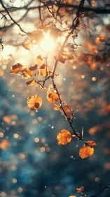 Golden autumn leaves drifting through soft morning light.