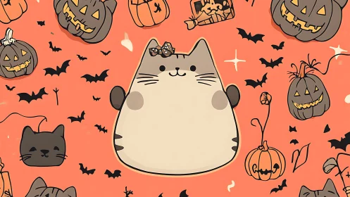 Kawaii Cat Silhouette in Halloween Iconography Matrix.