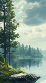 Sunlit conifer shore borders calm reflective forest lake