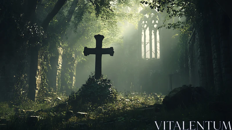 Stone cross dominates sunlit overgrown ruined chapel