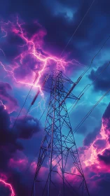 Electric pylon pierces neon storm clouds as lightning erupts.