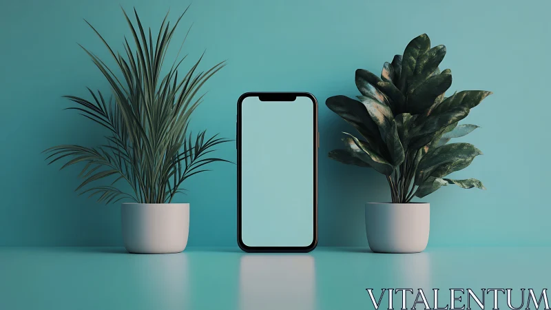 Smartphone Stands Guard Between Two Verdant Companions