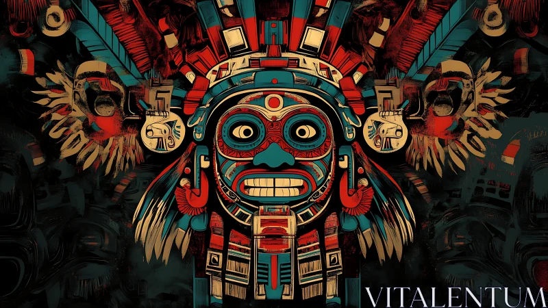 Aztec-inspired digital mask portrait uses bold chromatic contrast