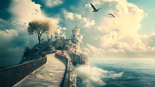 Clifftop daydream tower above a winding ocean walkway.