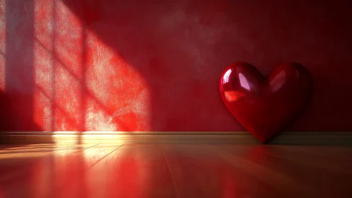 Glossy Polished Heart Form Illuminated By Diffused Crimson Light Emission.