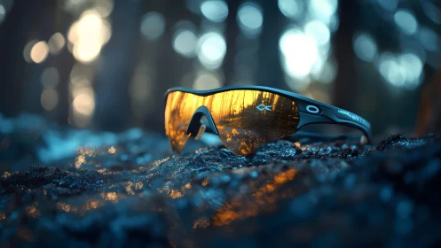Sport sunglasses with orange mirrored lens in forest at sunset.