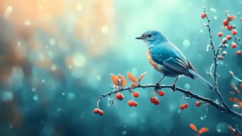 Vibrant bluebird on berry branch, dreamy bokeh background, digital art.