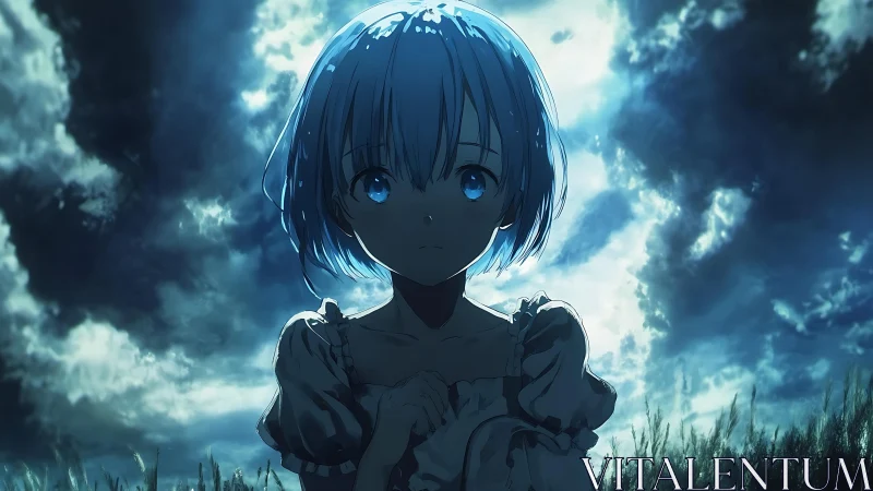 Blue haired girl stands under storm lit twilight sky