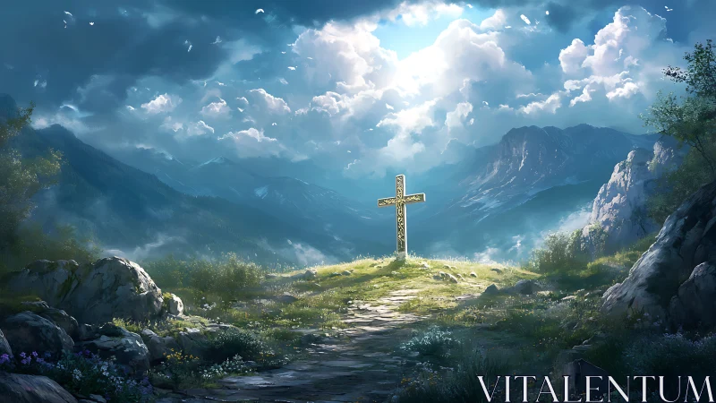 Golden mountain cross glows softly beneath dramatic storm clouds